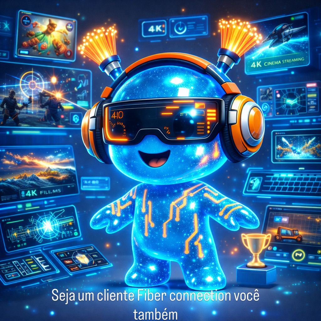 Mascote Fiber Connection com óculos de realidade virtual