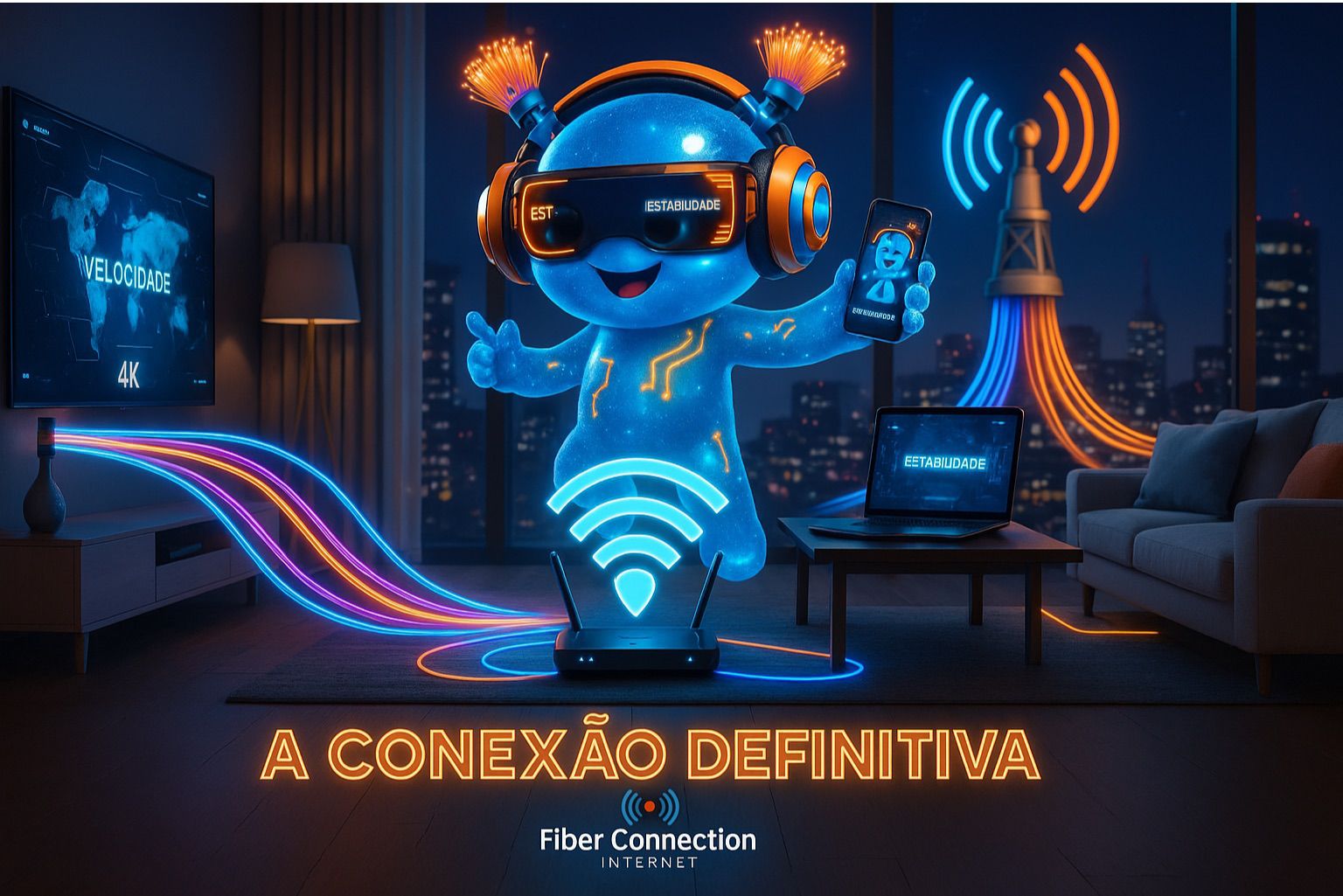 Mascote Fiber Connection em um ambiente conectado