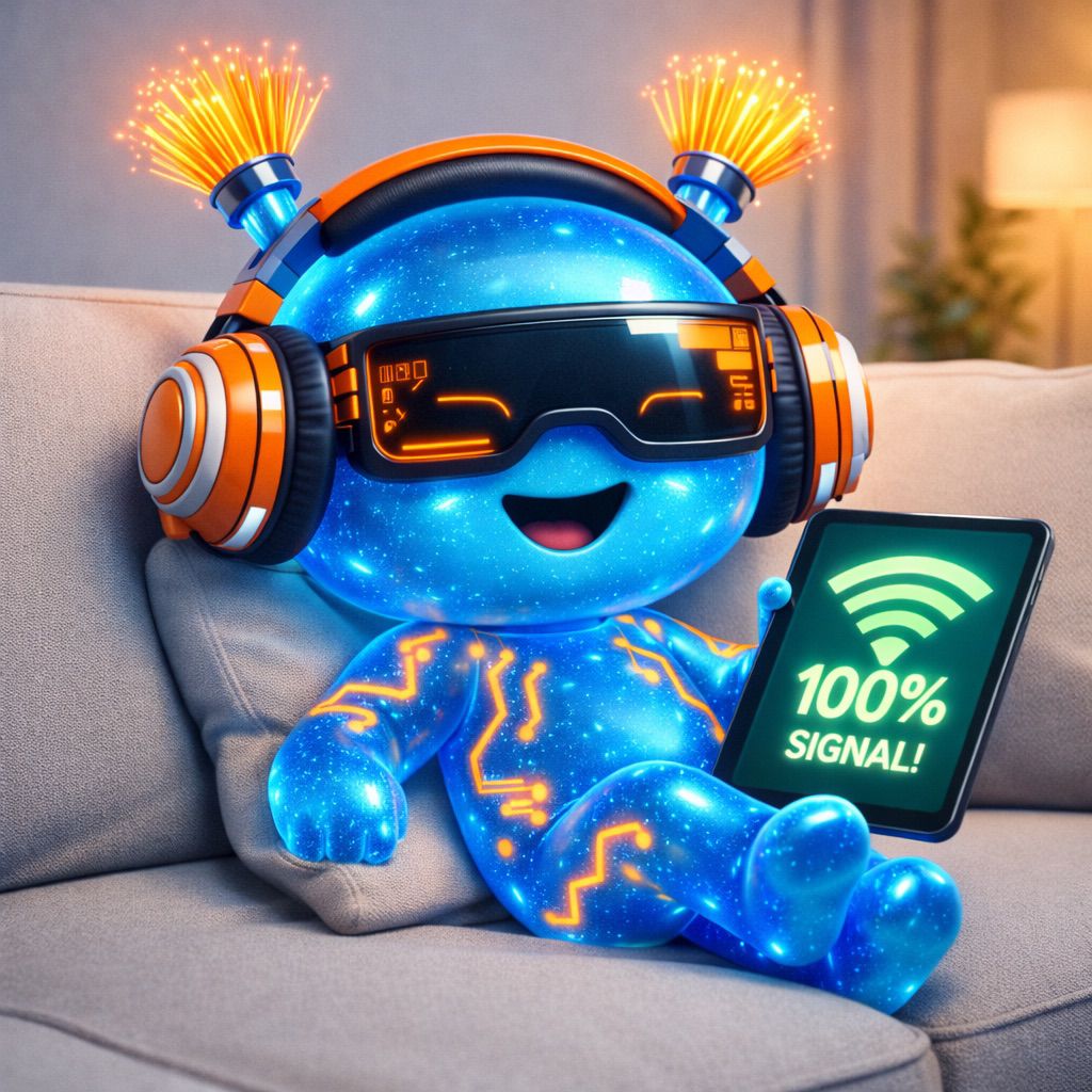 Mascote Fiber Connection aproveitando uma conexão estável